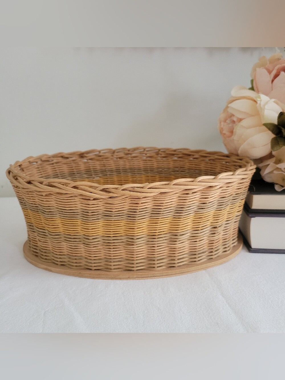 Vintage Hand Woven Striped Wicker Rattan Oval Basket 1940 Storage- Natural